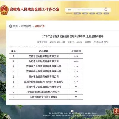 亳州市擔(dān)保公司榮獲2018年全省融資擔(dān)保機(jī)構(gòu)信用評(píng)級(jí)AA+級(jí)別